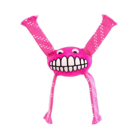 Rogz pink grinning plush dog toy with four limbs.