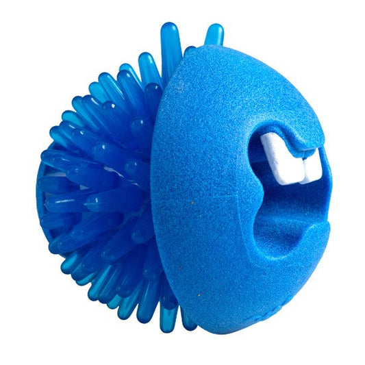Rogz blue dog chew toy with textured spikes.