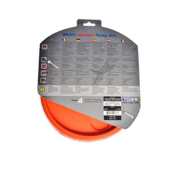 Rogz orange flying disc packaging with product information.