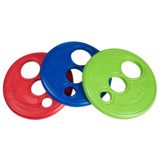 Red, blue, and green Rogz dog fetch toys stacked.