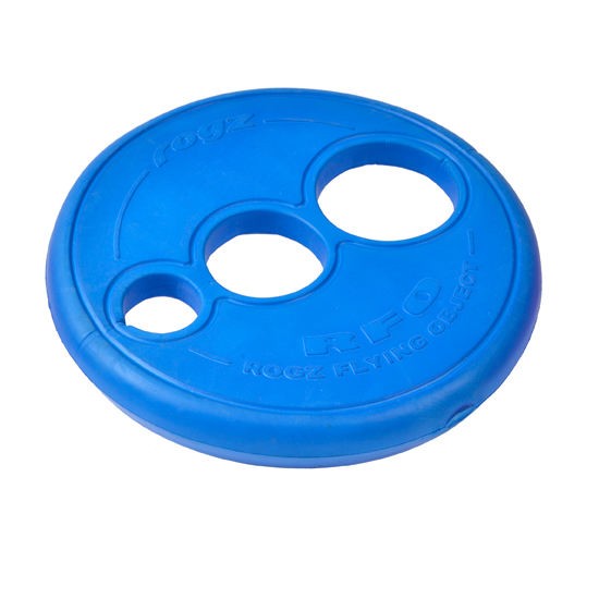 Blue Rogz dog toy flying disc with three holes.