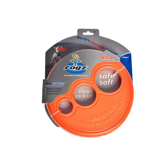 Rogz brand orange flying disc dog toy packaging.