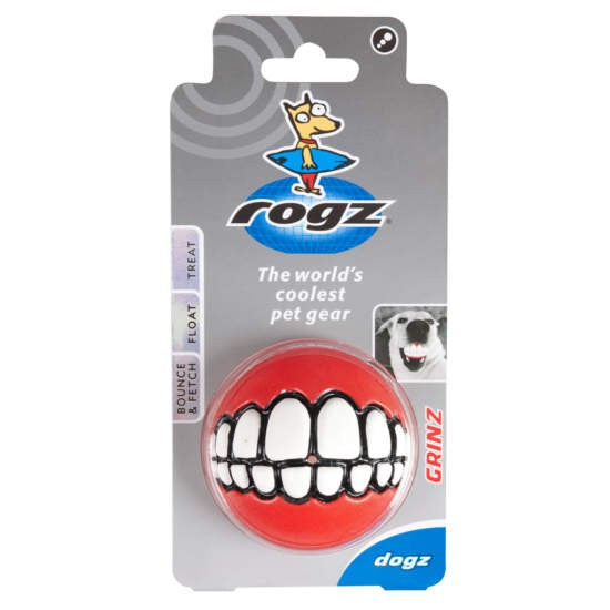 Rogz brand red ball dog toy with comic teeth design.