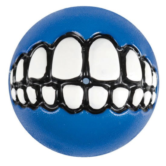 Rogz blue ball with black and white grin design.