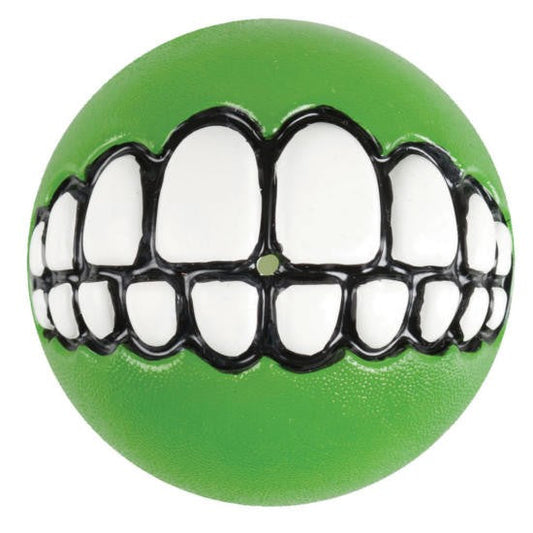 Rogz green ball with a comical painted teeth design.
