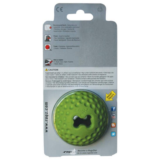 Rogz brand green dog ball packaging with warning label.