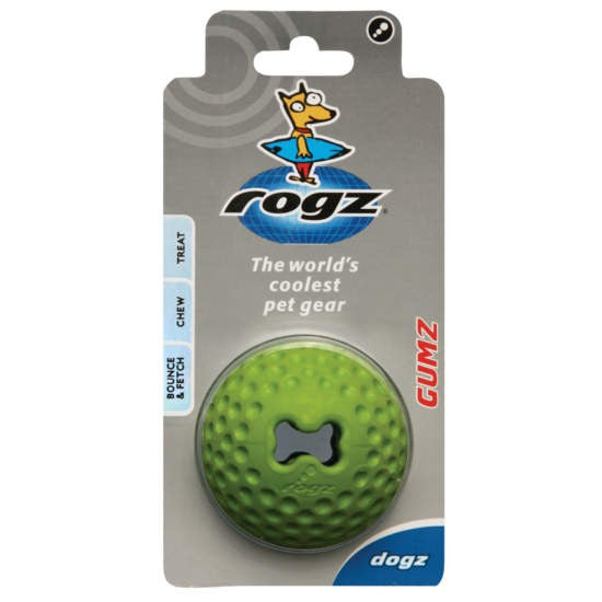 Rogz brand green chew ball for dogs on packaging.