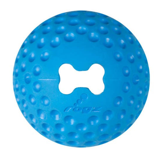 Blue Rogz dog ball with raised bumps and bone imprint.