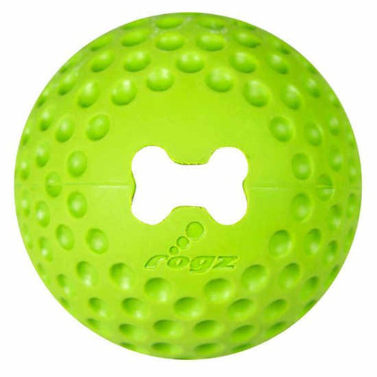 Bright green Rogz dog toy ball with bone imprint.