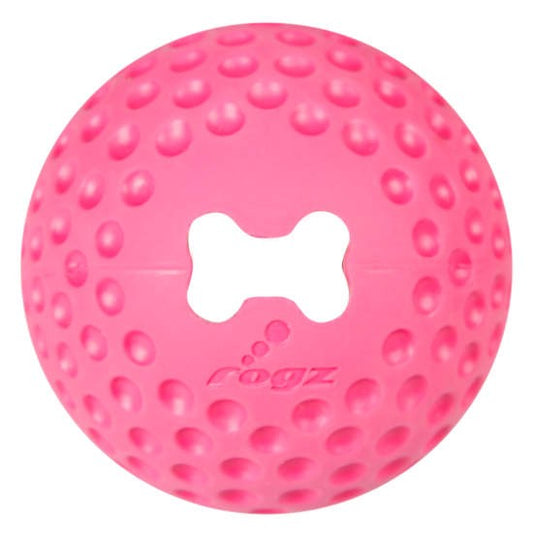 Pink Rogz dog ball with bone-shaped cut-out detail.