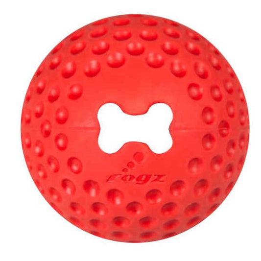 Red Rogz brand dog toy ball with bone imprint.