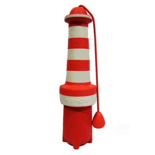 Red and white striped Rogz dog toy with lighthouse design.
