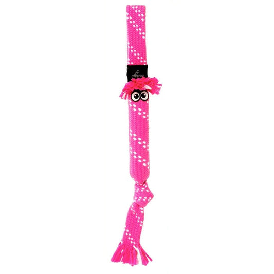 Rogz pink polka-dotted dog toy with tassels and googly eyes.