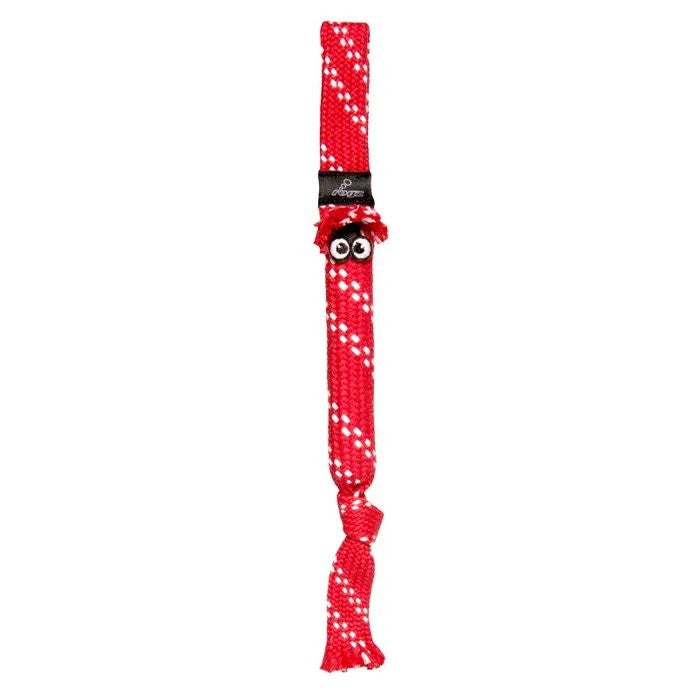 Red and white dotted Rogz dog leash on white background.