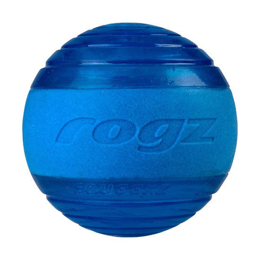 Blue Rogz bouncy ball for dogs on white background.