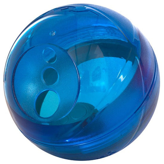 Rogz blue transparent treat-dispensing dog toy.