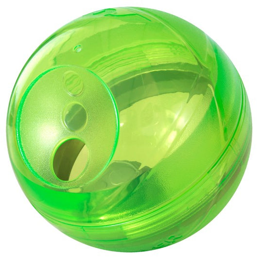 Rogz green treat ball dog toy with holes.