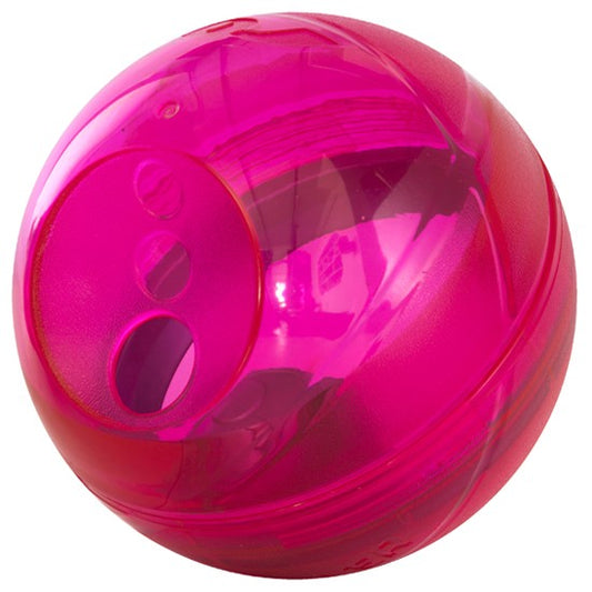 A pink Rogz dog treat ball with multiple holes.