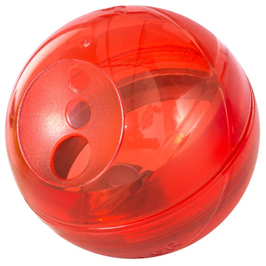 Red Rogz treat ball with holes for dispensing snacks.
