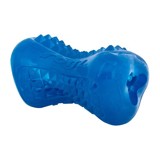 Blue Rogz chew toy for dogs with textured surface.