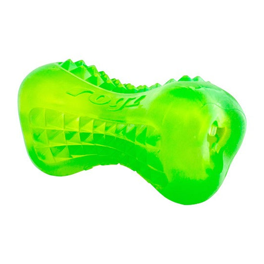 Neon green Rogz dog chew toy on white background.