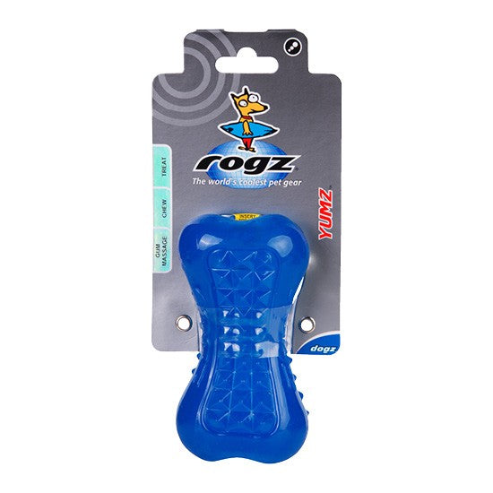 Rogz blue bone-shaped dog chew toy on packaging.
