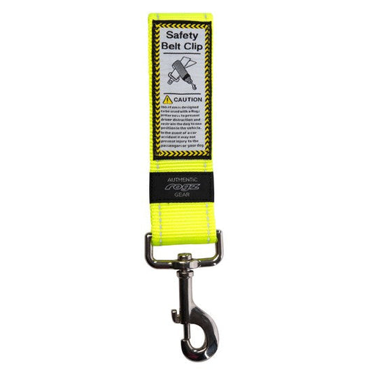 Rogz yellow safety belt clip for pets on white background.