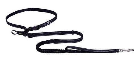 Rogz black dog leash and collar set on white background.