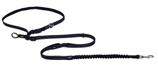 Rogz black dog leash and collar set on white background.