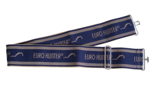 Eurohunter horse rug leg straps with metal buckles on white background.