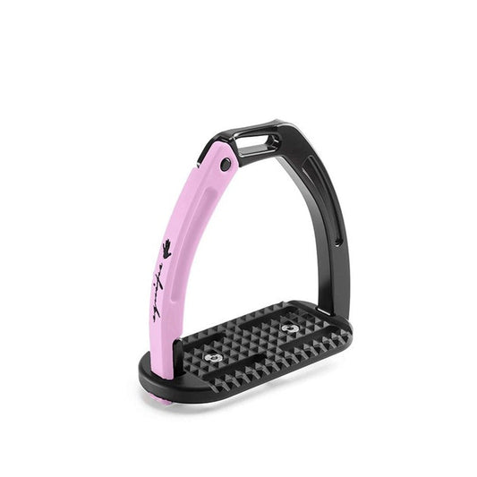 Black and pink stirrup leathers with geometric tread on white background.