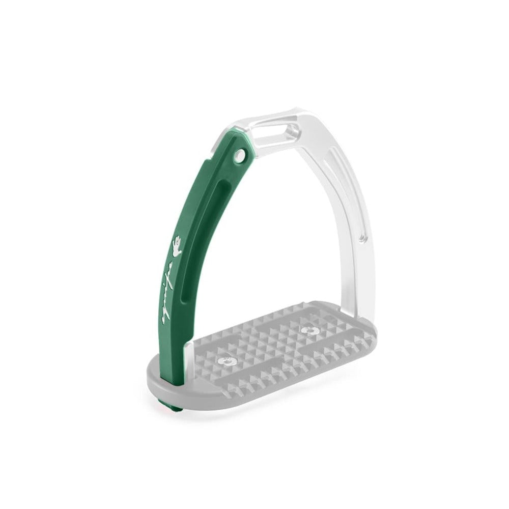 Green and white modern stirrup leathers for horse riding equipment.