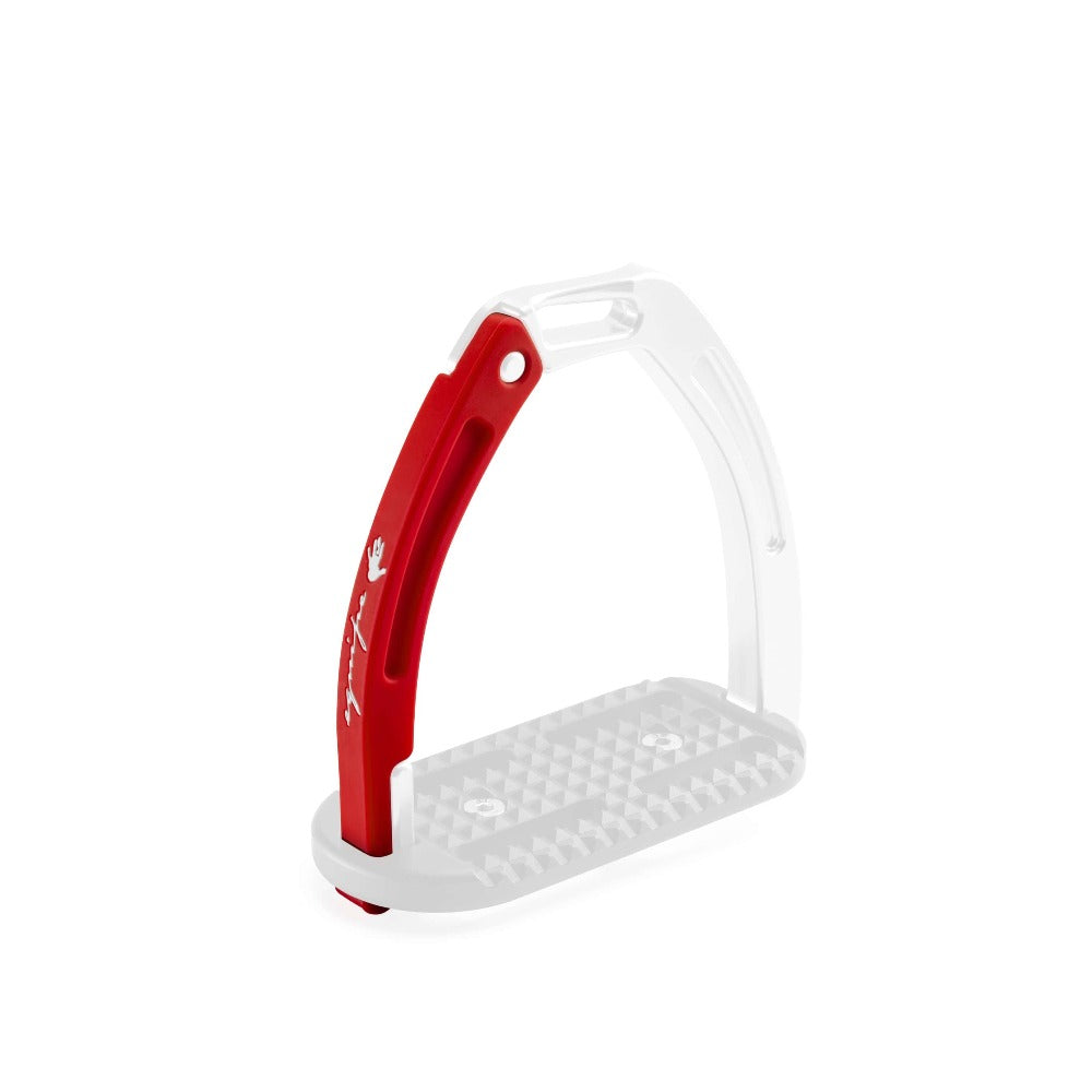 Red and white modern composite stirrup leathers on a white background.
