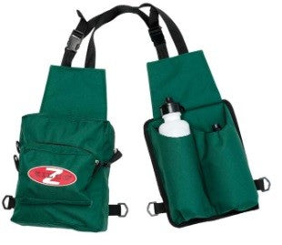 Two green water bottle carrier bags with shoulder straps.