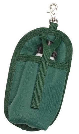 Green zippered water bottle holder with clip, compact and portable.