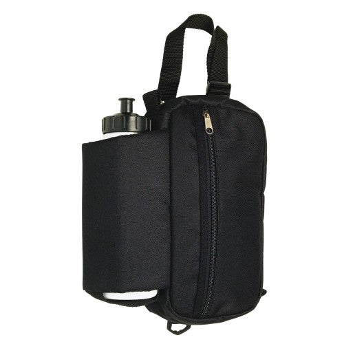 Black water bottle in insulated zipper pouch with carrying strap.