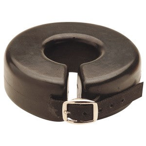 A black ankle weight with a metal buckle on a strap, against a white background.