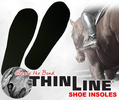 Thinline Global shoe insoles advertisement with horse and rider imagery.