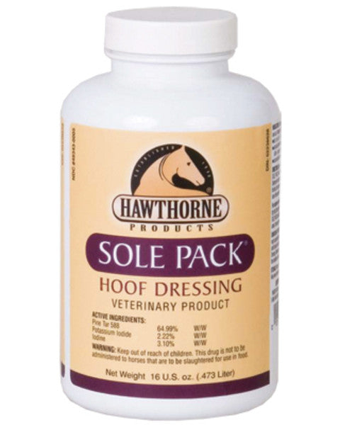 A bottle of Hawthorne Products Sole Pack Hoof Dressing veterinary product for horses, with active ingredients listed on the label.