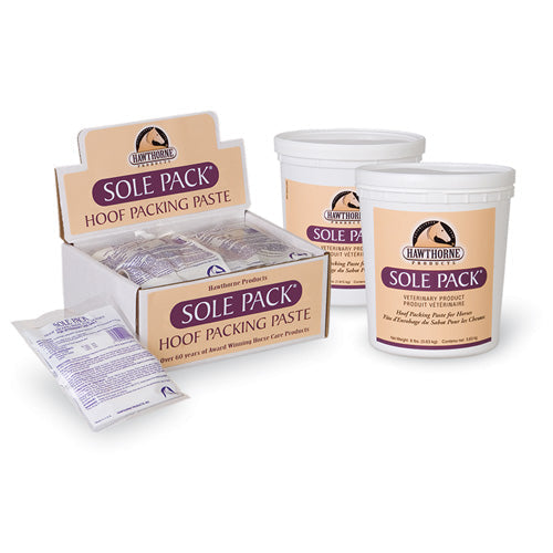 Hawthorne Sole Pack Hoof Packing Paste in various packaging sizes.
