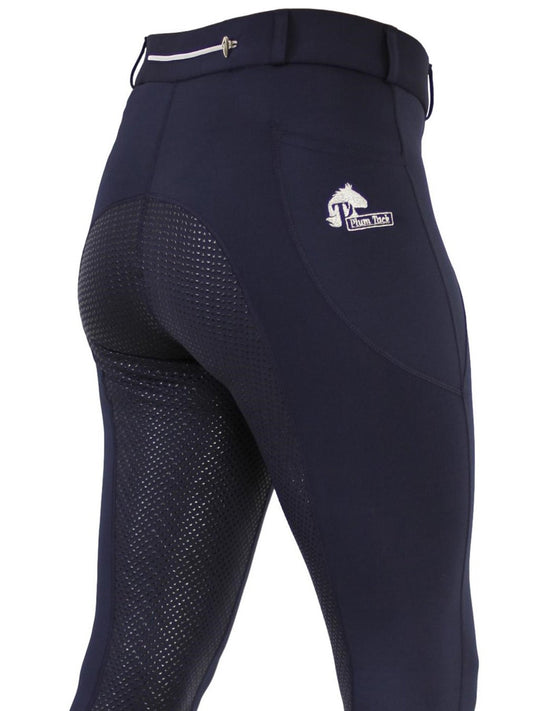 Navy blue horse riding tights with mesh pattern and logo detail.