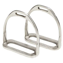 Pair of shiny metal stirrup leathers for horse riding equipment.