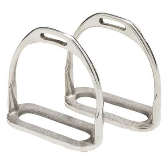 Pair of shiny metal stirrup leathers for horse riding equipment.
