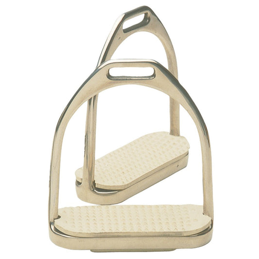Stainless steel stirrup leathers with textured grip on white background.