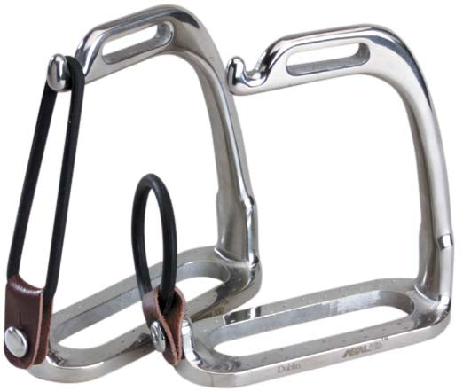 Pair of shiny stainless steel stirrup leathers for equestrian use.
