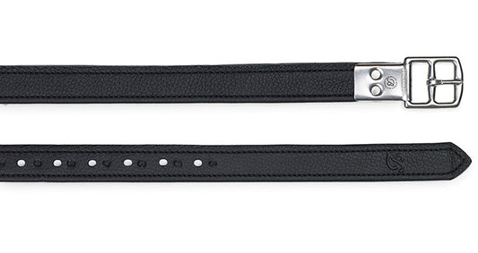 Black stirrup leathers with silver buckle and multiple adjustment holes.