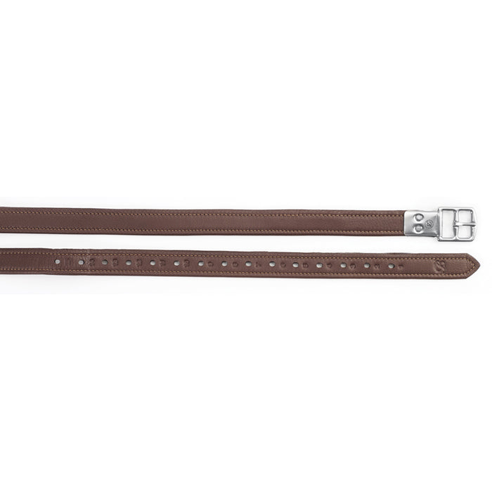 Brown stirrup leathers with numbered holes and a silver buckle.