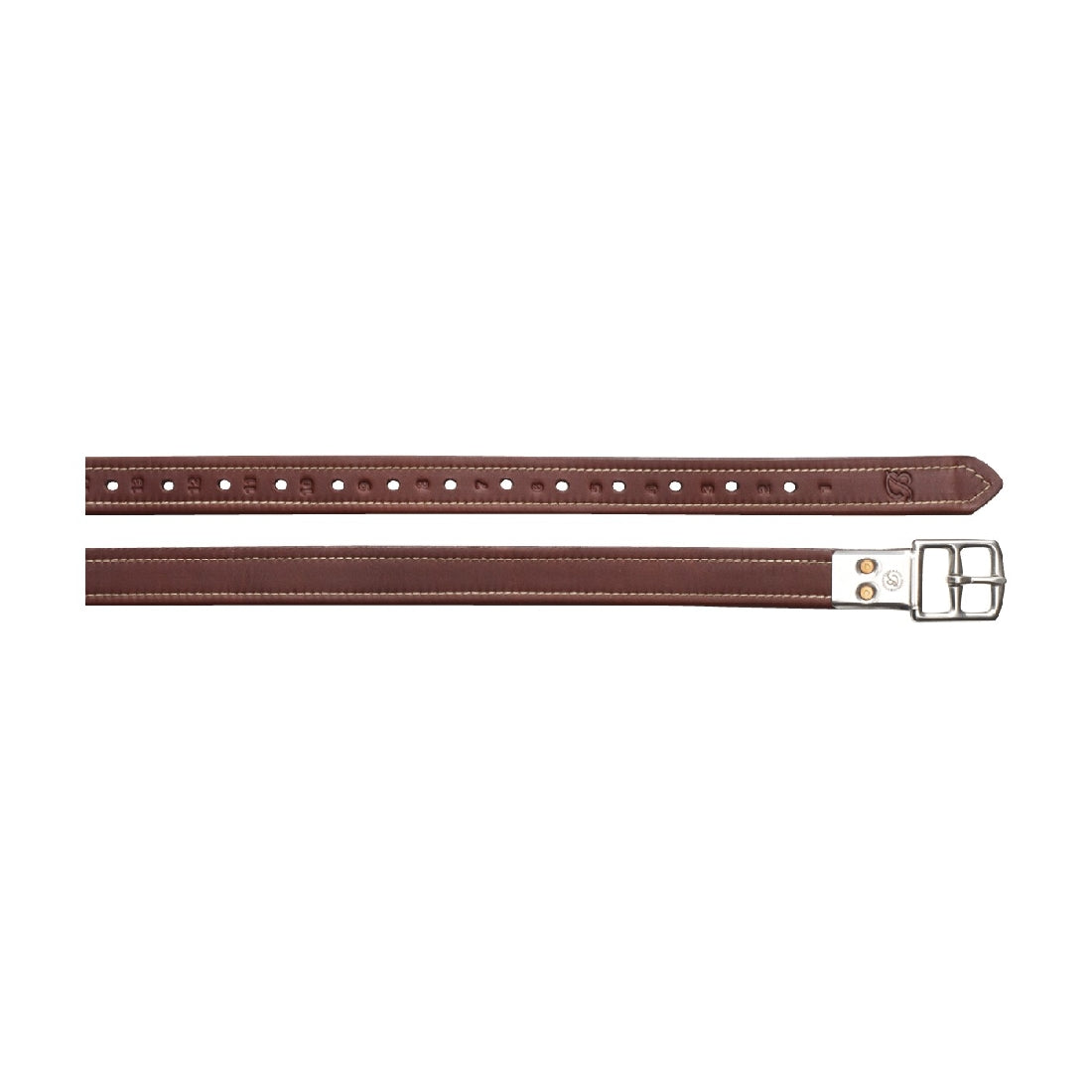 Brown stirrup leathers for horse riding with buckle detail.