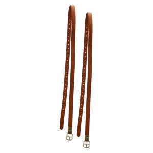 Pair of brown leather stirrup leathers with metal buckles.
