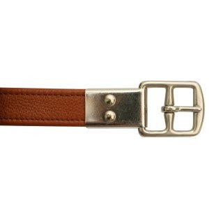Brown leather stirrup leathers with metal buckle, isolated on white background.